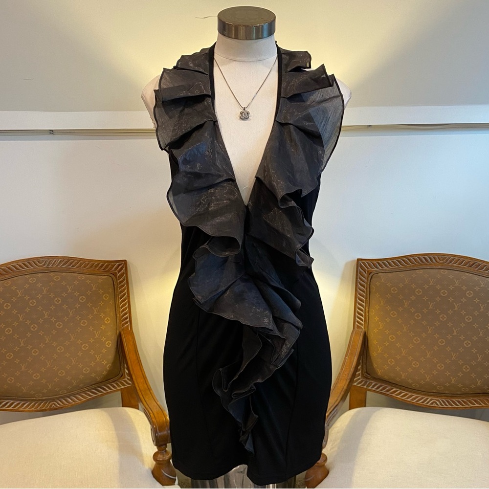 bebe Y2K Elegant Black Backless Ruffle Mini Halter Dress, Size M Club Party Goth